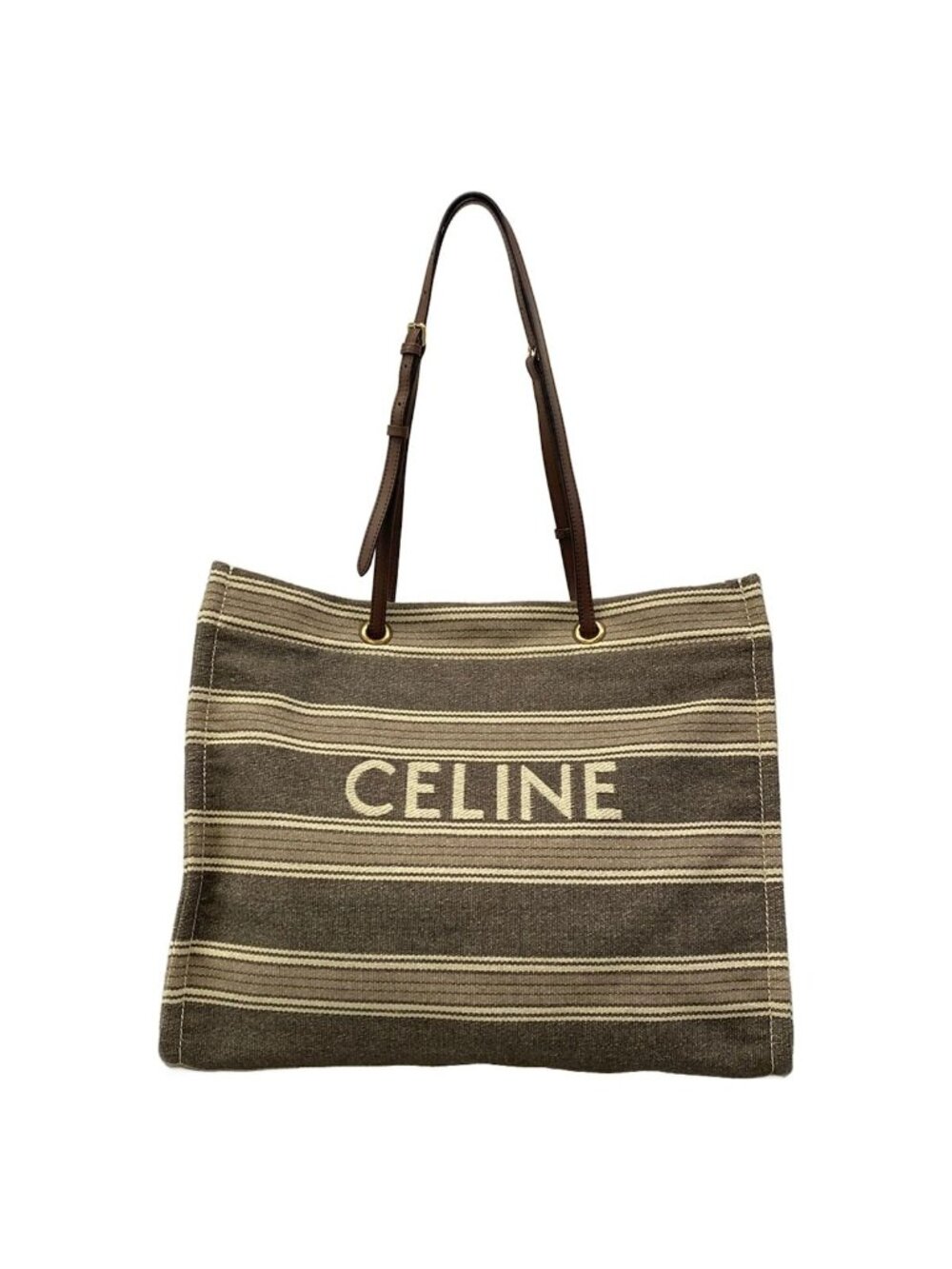 Celine Tote Bag Square Cabas Plan Soleil Gray Beige Ivory Border Leather